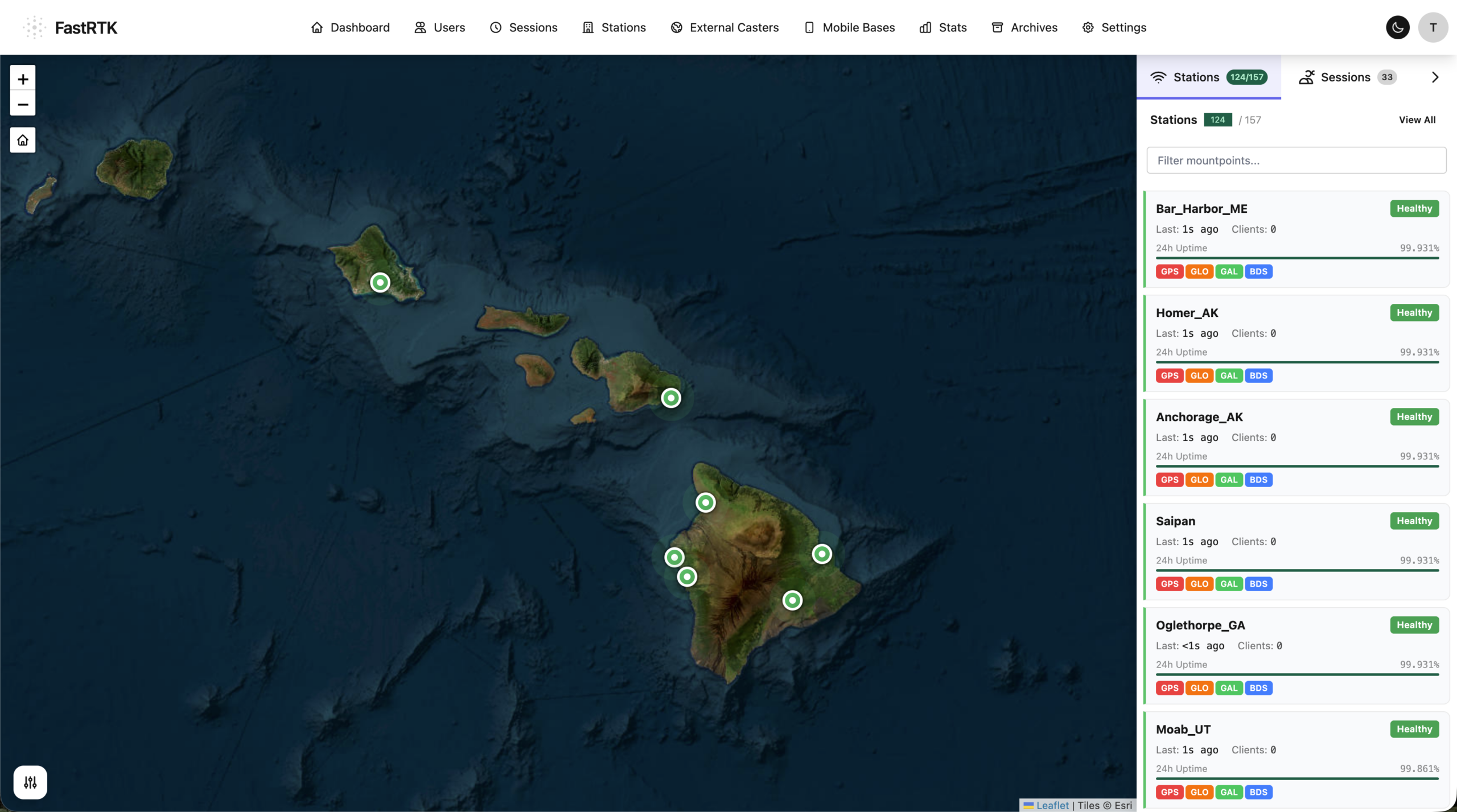 The FastRTK dashboard: 124 of 157 stations online, each reporting 24-hour uptime and the constellations it is tracking