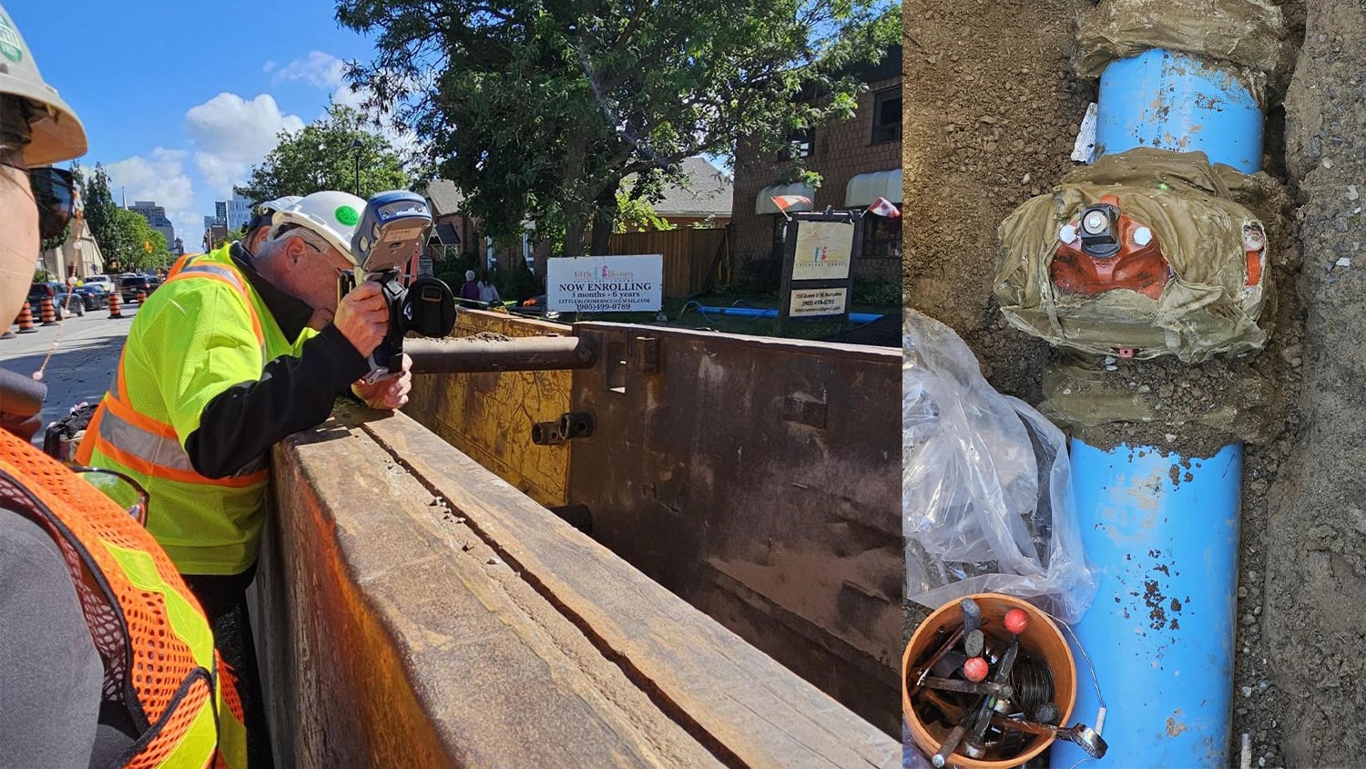 Skadi GNSS receiver on a smart handle locating hard-to-reach assets in an open trench