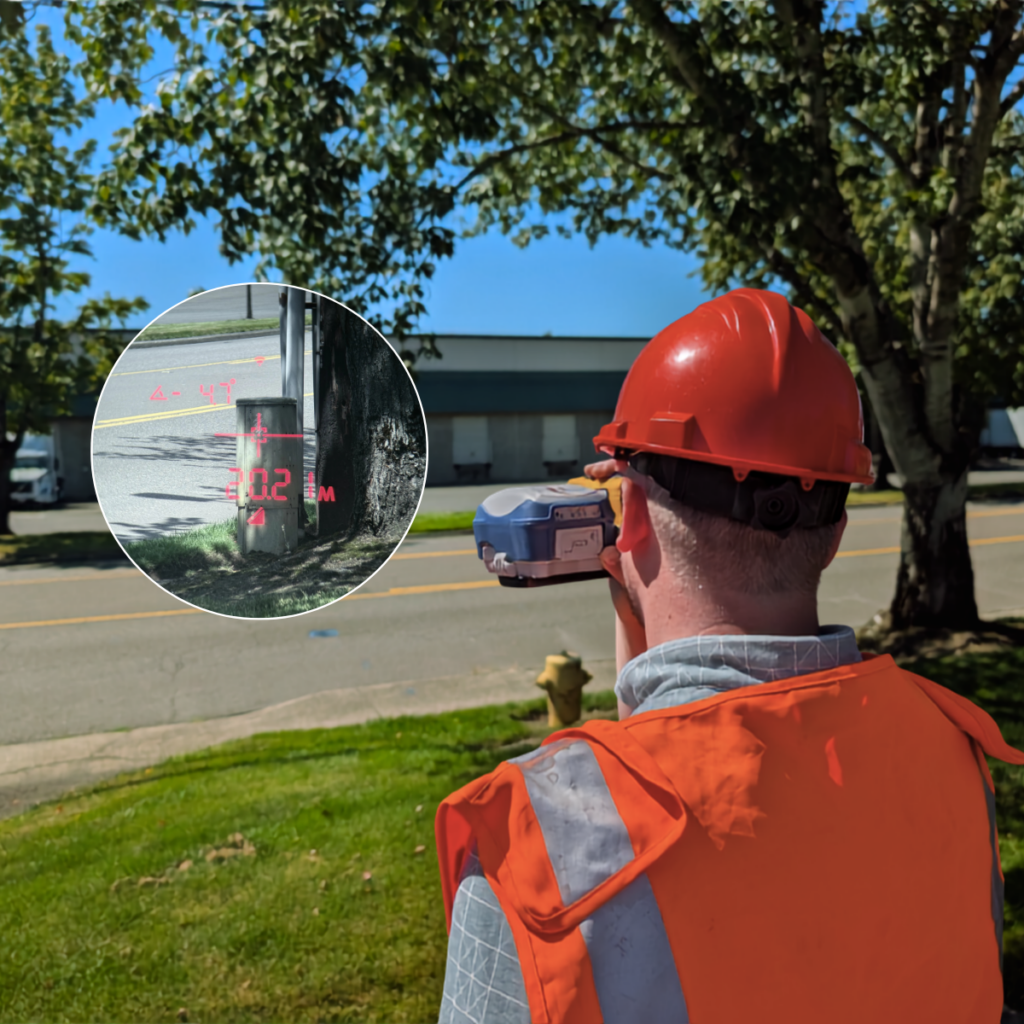 operator holds a laser range finder to gauge distance.